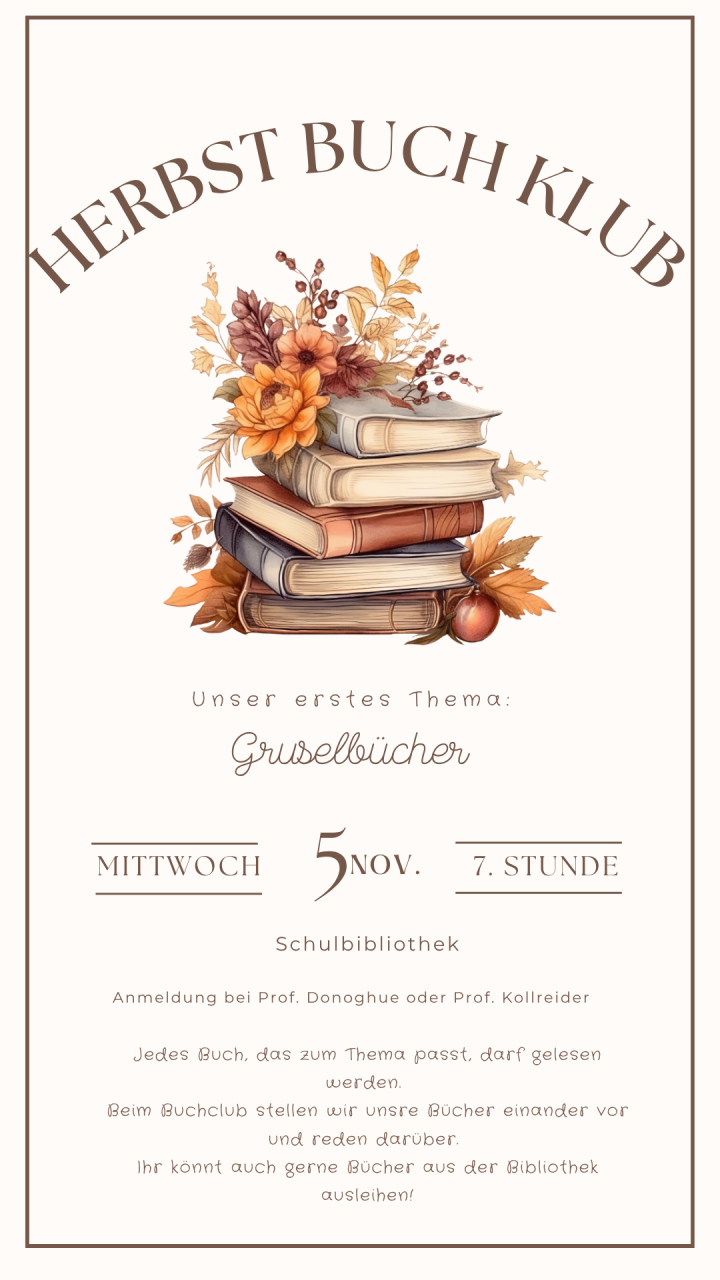 Ein Bücherstabel mit der Überschrift HerbstleseKlub; darunter befindet sich das Datum und die Informationen zum Leseklub